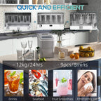 Silver ice cube maker with open top ice trays and front control panel