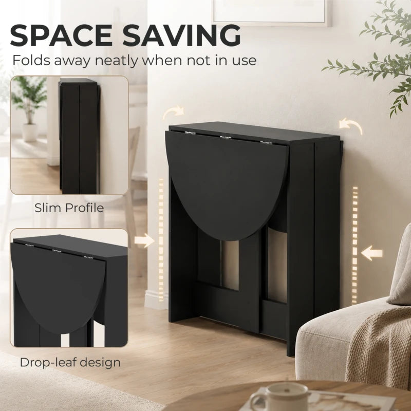 Black space-saving drop-leaf folding dining table folded closed for storage