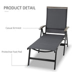 Grey folding sun lounger with armrests and protective foot pads, mesh back and base