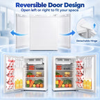 Mini fridge with reversible door design, showing left and right door openings