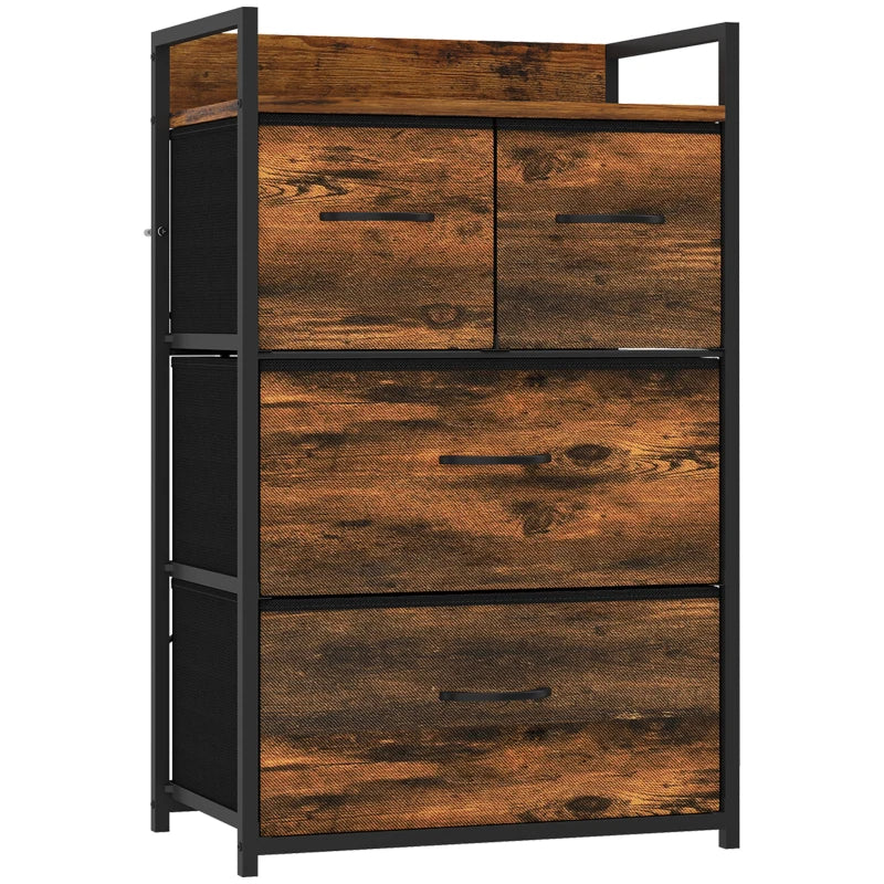 Rustic brown chest cabinet with black frame and three front drawers, open left panel