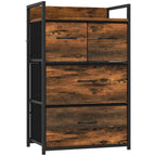 Rustic brown chest cabinet with black frame and three front drawers, open left panel