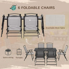 Grey folding dining chairs with mesh back panels, set of six