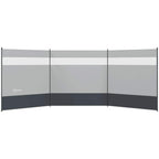 Grey camping windbreak screen with clear window panels, collapsible three-panel design