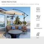 Cantilever umbrella shading outdoor seating, light brown canopy and dark frame