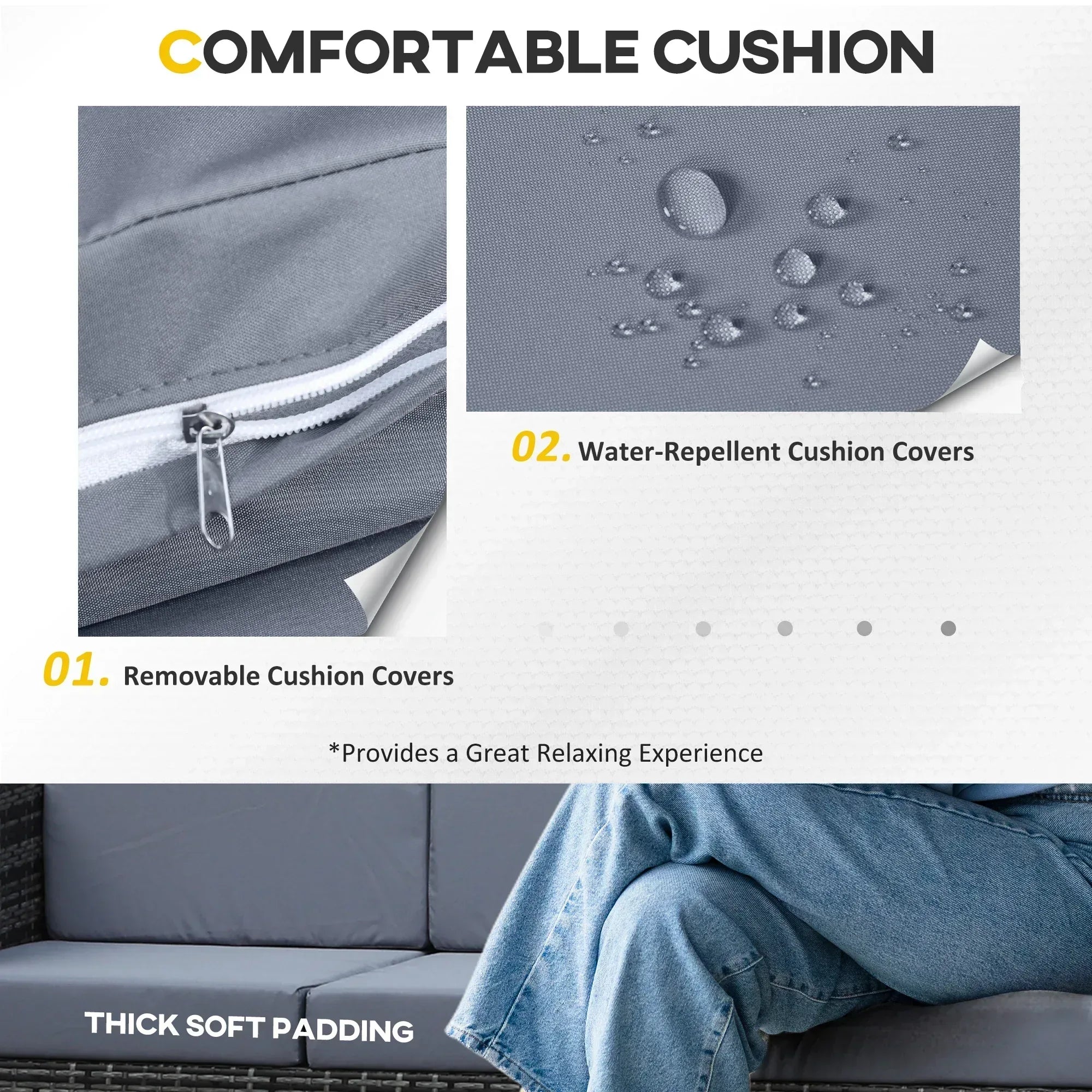 3 Seater All Weather Outdoor Sofa, Garden Rattan Sofa with Cushions and Mental Frame, Grey - Bobobiy