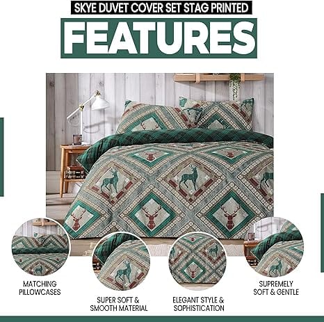 Stag Printed Reversible Polycotton Duvet Cover Set in Single Double King Sizes Skye Collection
