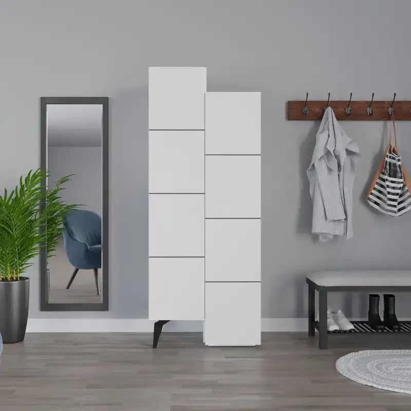 White multipurpose storage cabinet with four stacked doors and open shelving inside.