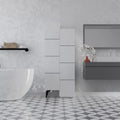 White multipurpose storage cabinet with tall narrow profile and four door sections.