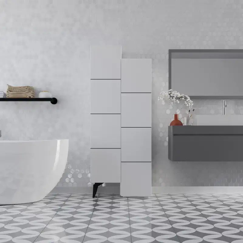 White multipurpose storage cabinet with tall narrow profile and four door sections.