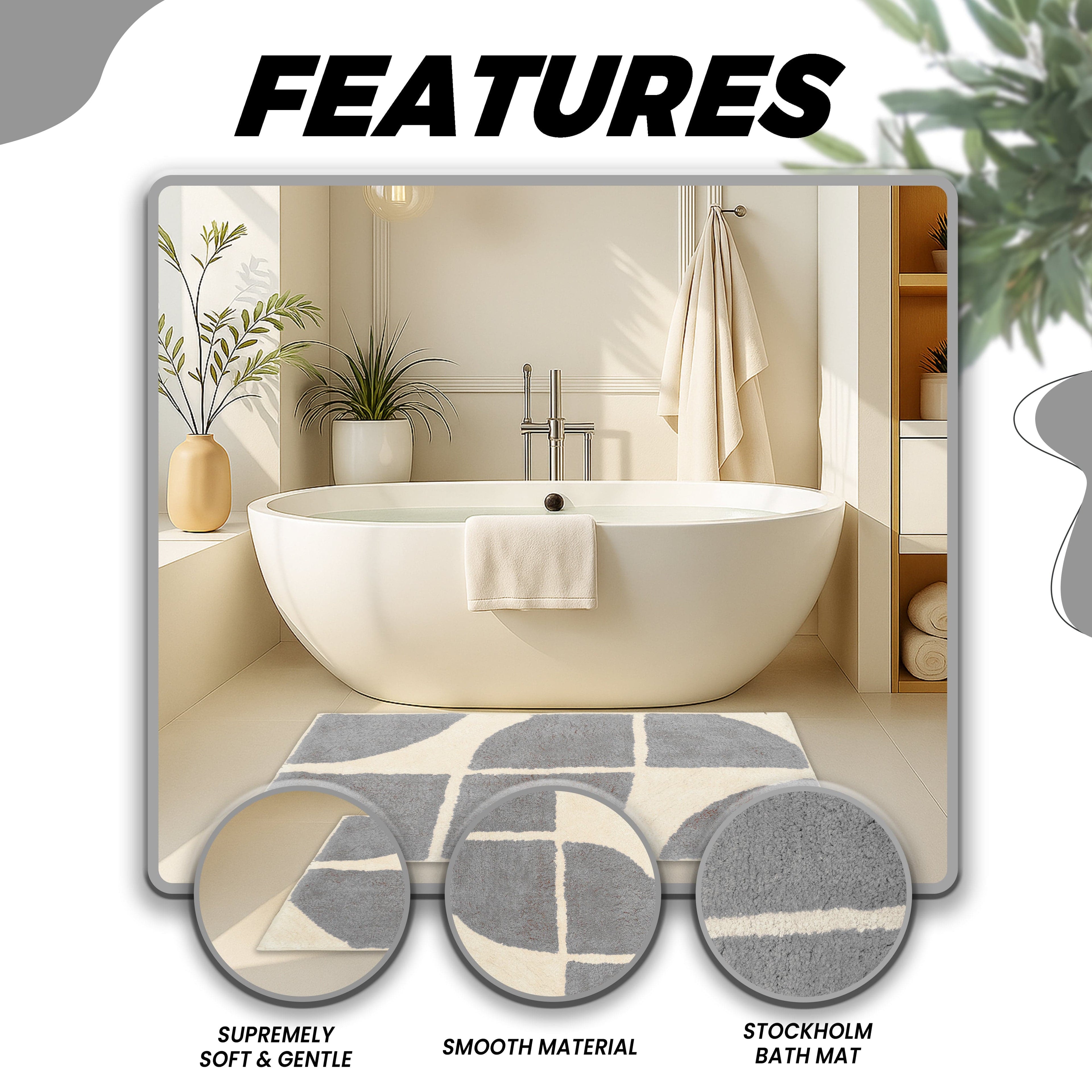 Stockholm Bath Mat Non Slip Backing Super Soft Water Absorbent Cotton Blend Mats Quick-Drying Bathroom Toilet Floor Rug