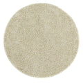 Washable shaggy rug, round beige textured pile close-up