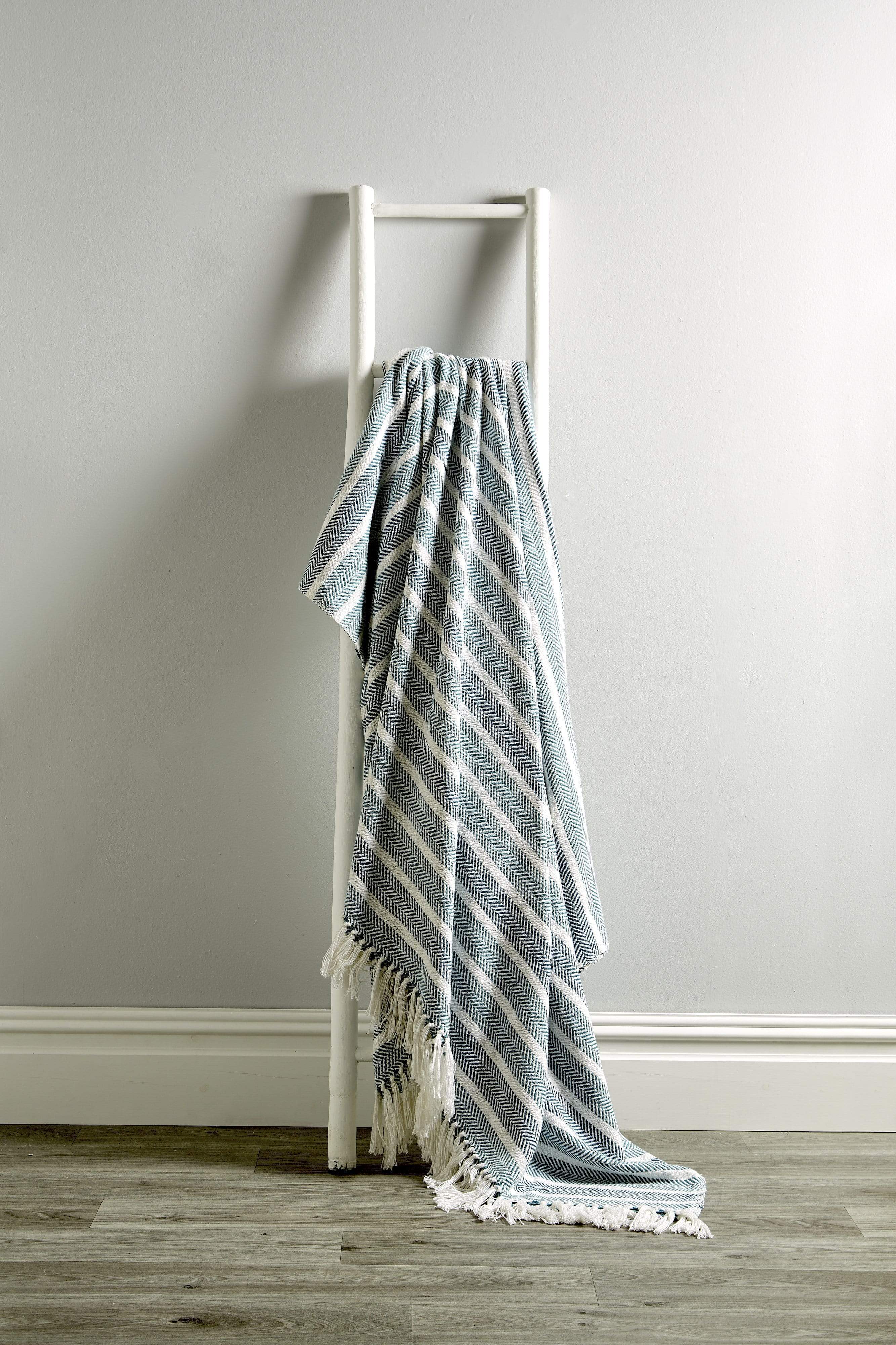 Stripe Handwoven Pure Cotton Throw Blanket with Tassells Eco-Friendly Perfect for Sofa Bed and Home Decor Available in Multiple Sizes and Calming Colours