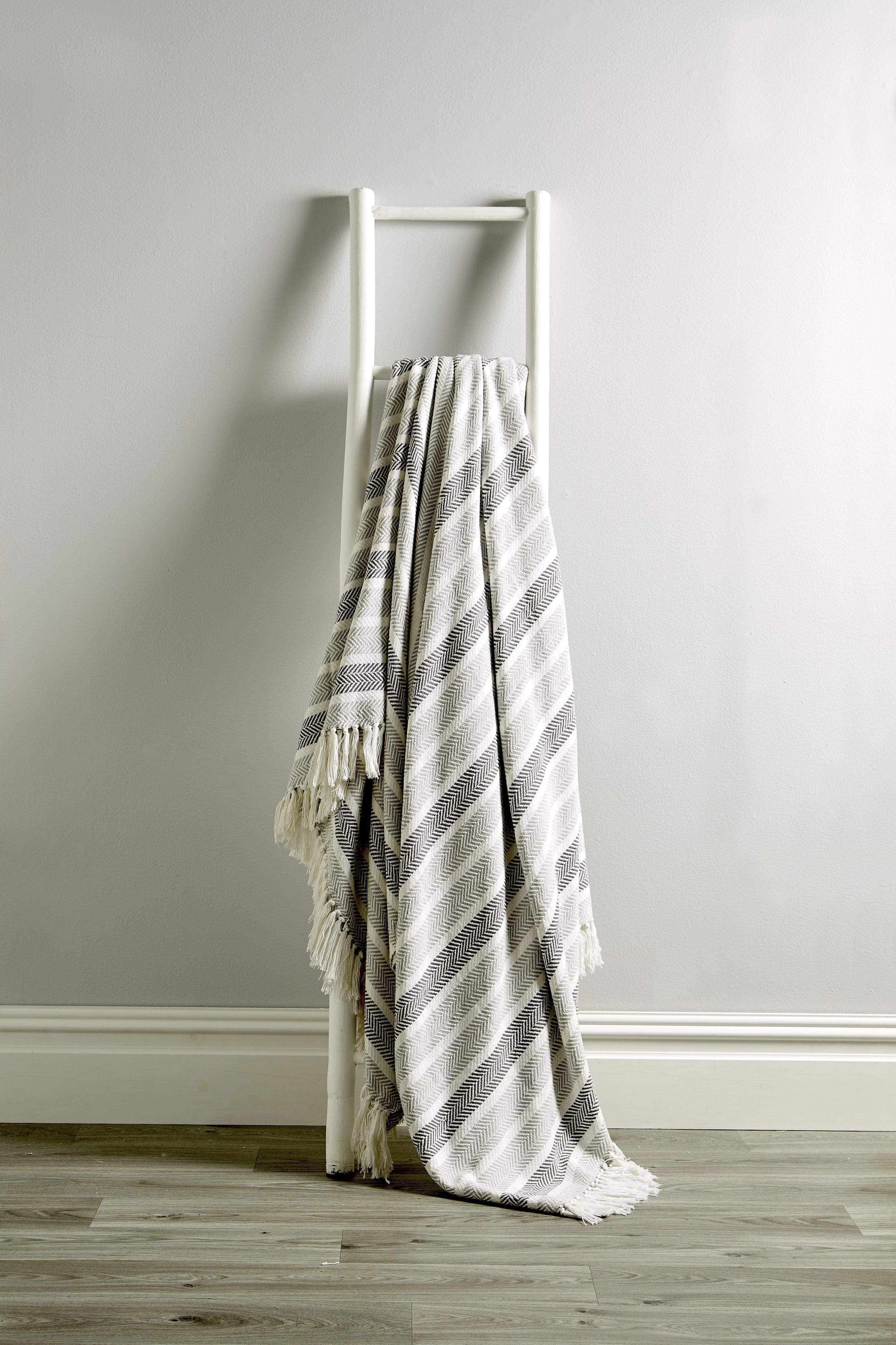 Stripe Handwoven Pure Cotton Throw Blanket with Tassells Eco-Friendly Perfect for Sofa Bed and Home Decor Available in Multiple Sizes and Calming Colours