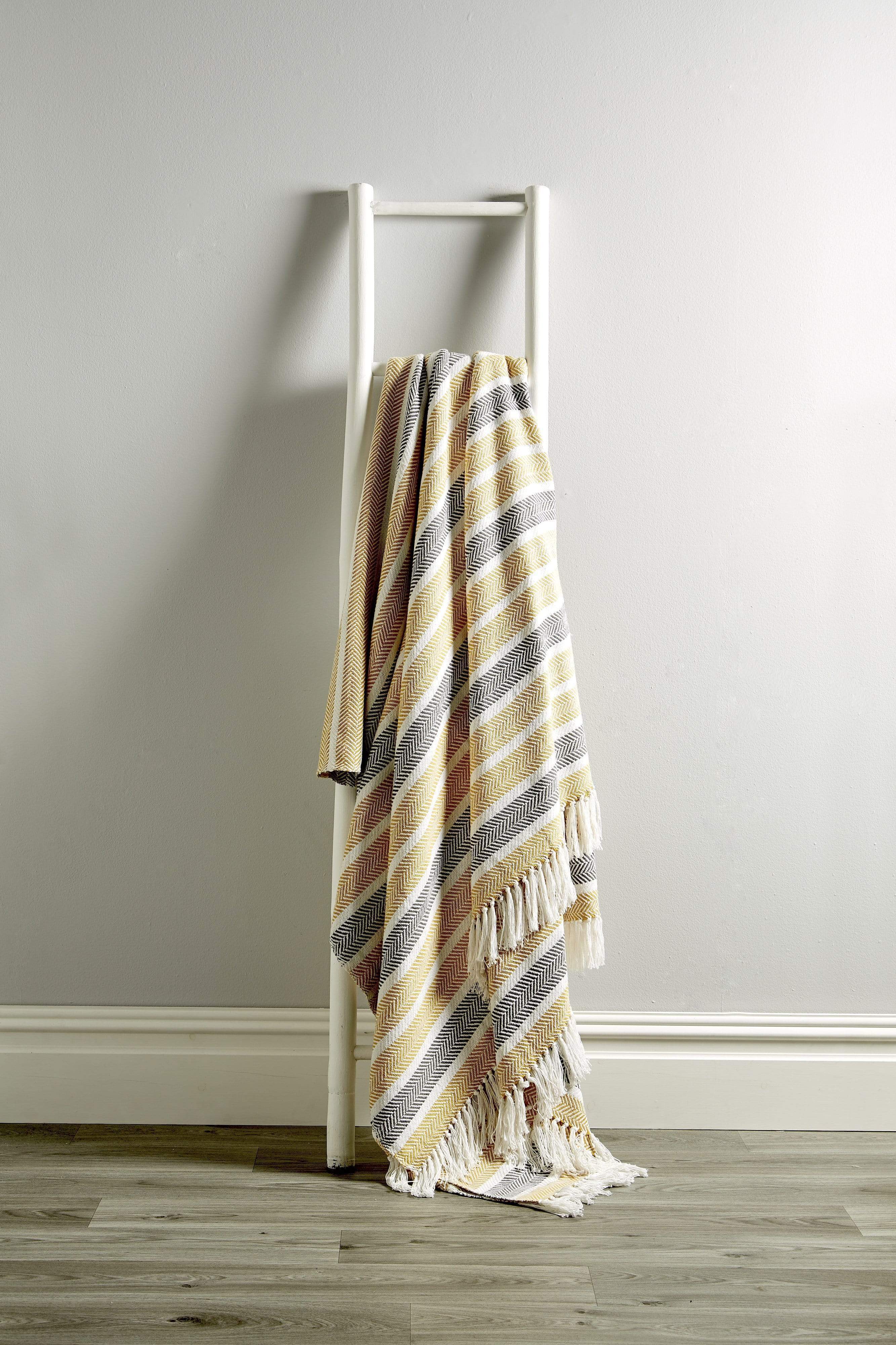 Stripe Handwoven Pure Cotton Throw Blanket with Tassells Eco-Friendly Perfect for Sofa Bed and Home Decor Available in Multiple Sizes and Calming Colours