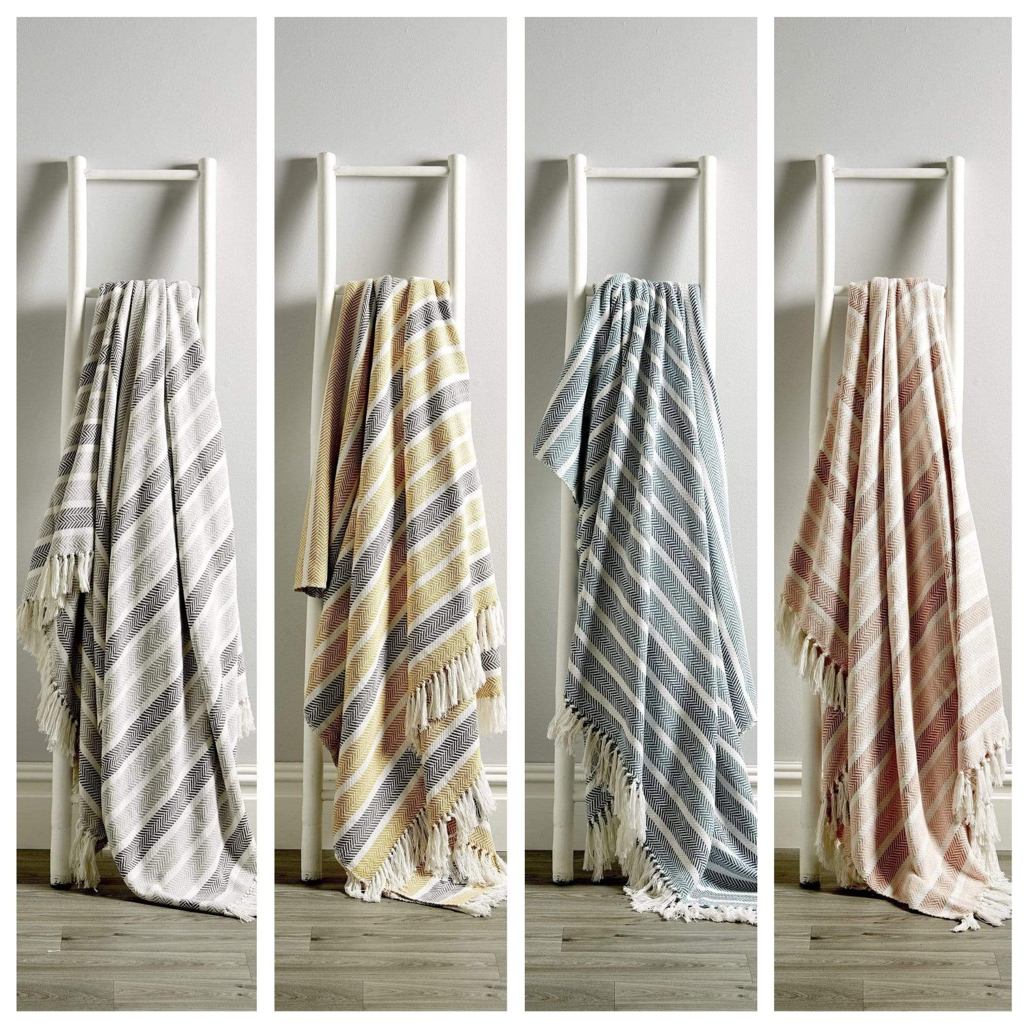 Stripe Handwoven Pure Cotton Throw Blanket with Tassells Eco-Friendly Perfect for Sofa Bed and Home Decor Available in Multiple Sizes and Calming Colours