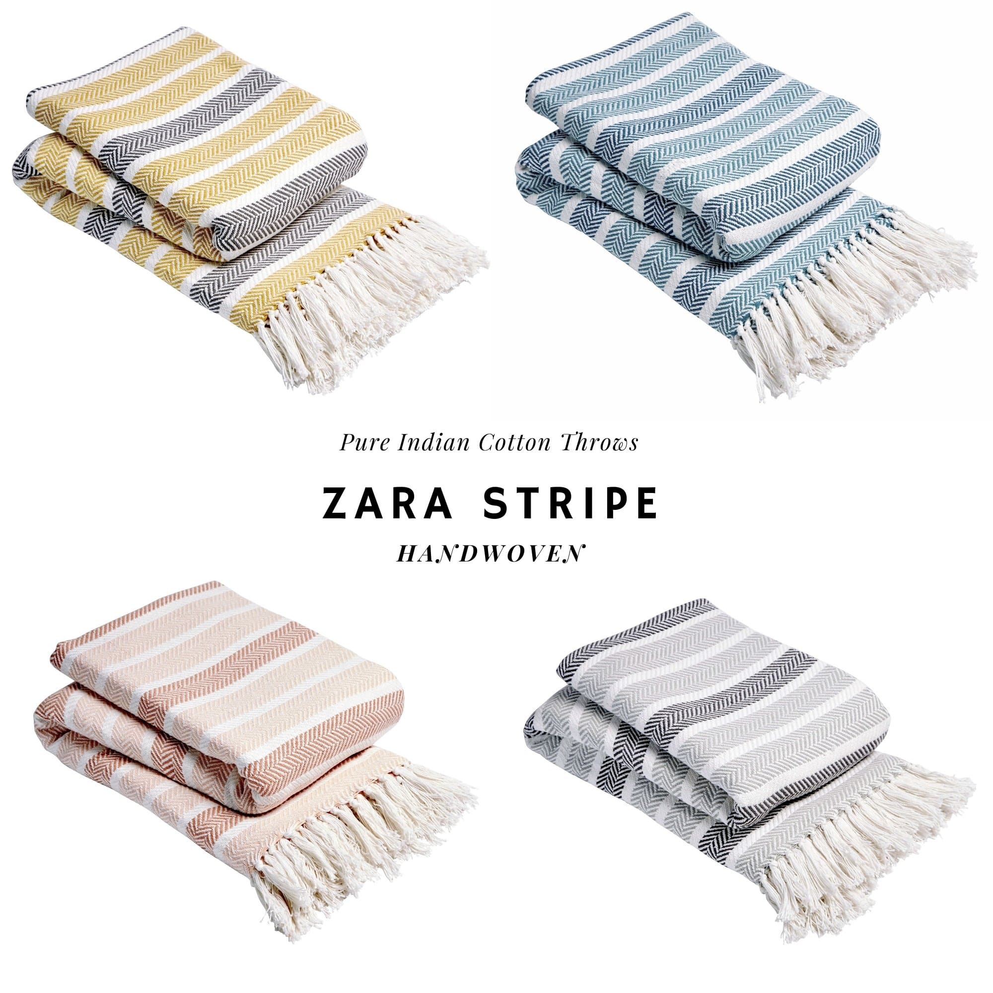 Stripe Handwoven Pure Cotton Throw Blanket with Tassells Eco-Friendly Perfect for Sofa Bed and Home Decor Available in Multiple Sizes and Calming Colours