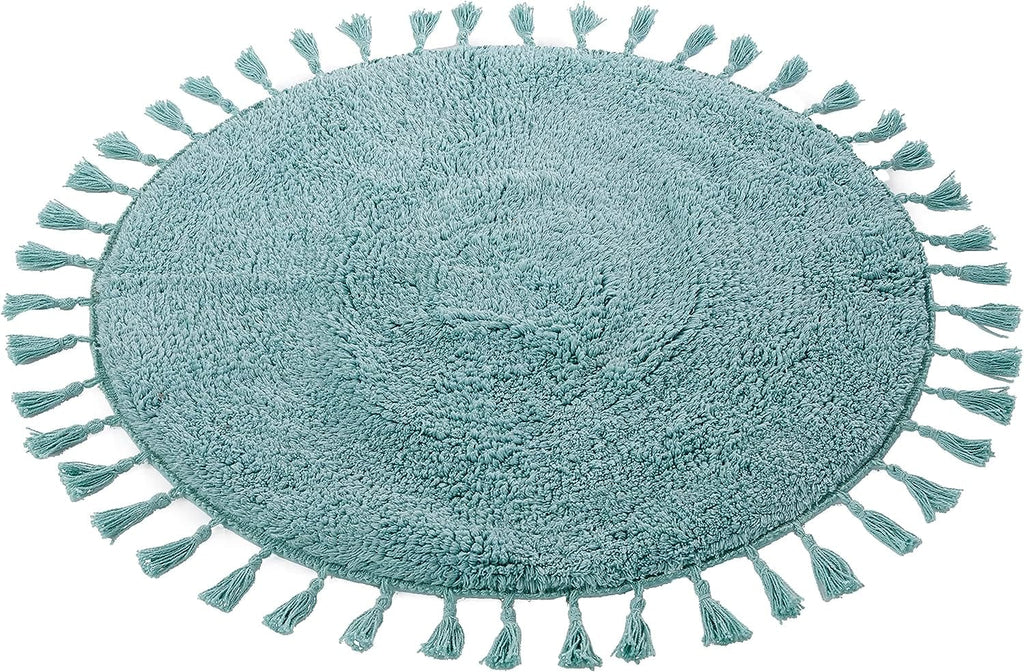 Super Soft Absorbent Non-Slip Round Tasselled Bath Mat 100% Cotton Bathroom Rug in Duck Egg Grey Natural and White