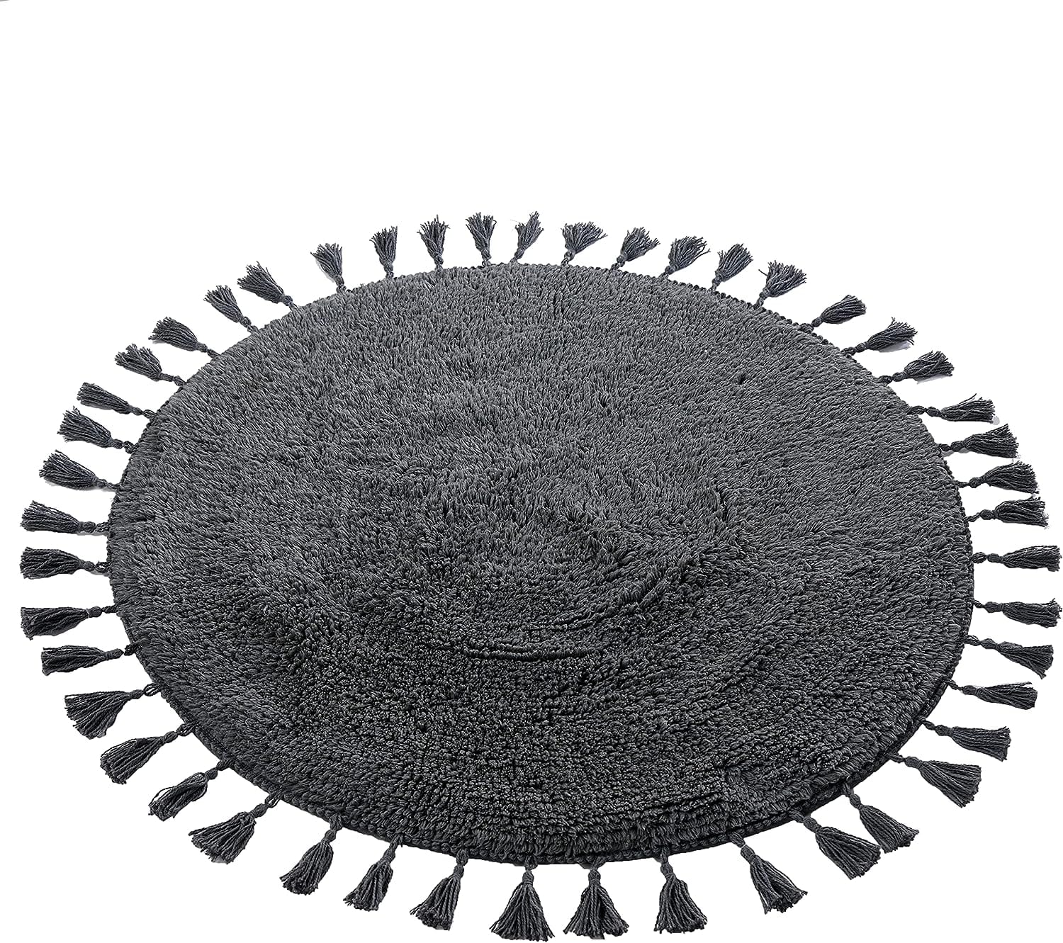 Super Soft Absorbent Non-Slip Round Tasselled Bath Mat 100% Cotton Bathroom Rug in Duck Egg Grey Natural and White