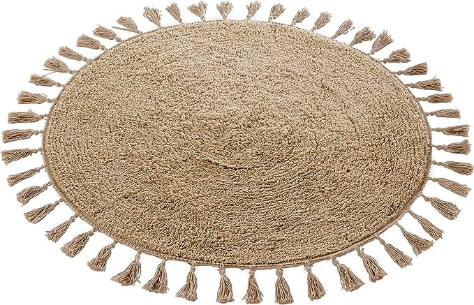 Super Soft Absorbent Non-Slip Round Tasselled Bath Mat 100% Cotton Bathroom Rug in Duck Egg Grey Natural and White