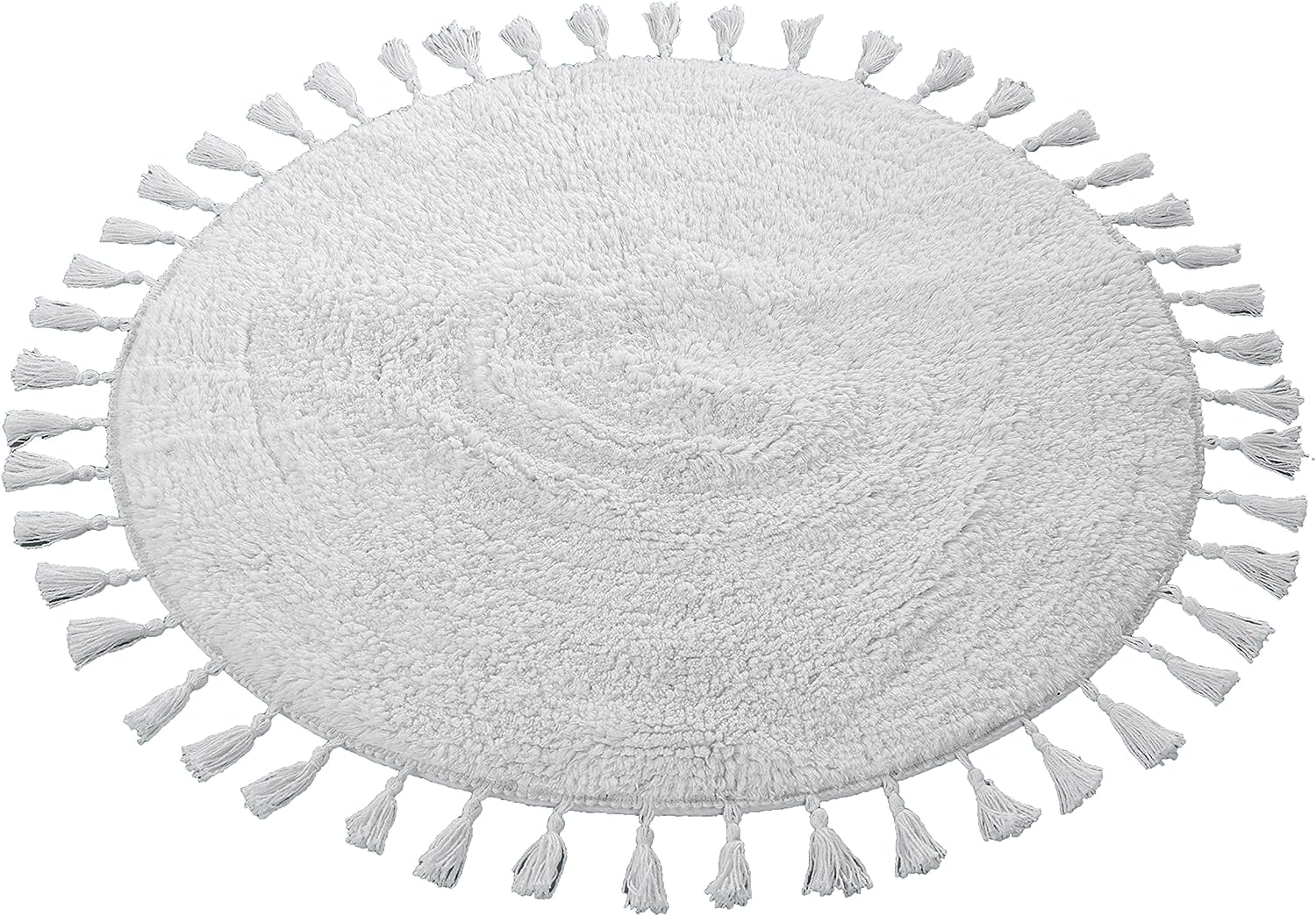 Super Soft Absorbent Non-Slip Round Tasselled Bath Mat 100% Cotton Bathroom Rug in Duck Egg Grey Natural and White