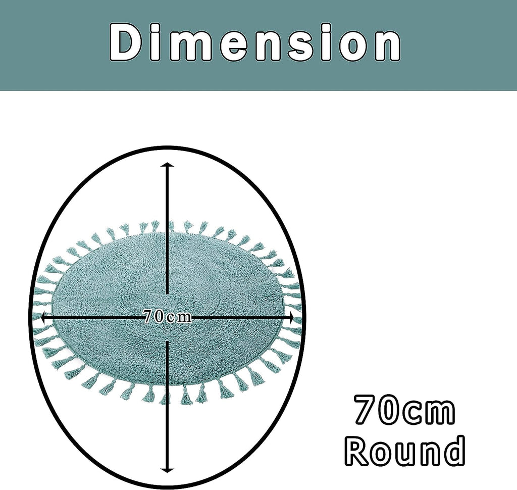 Super Soft Absorbent Non-Slip Round Tasselled Bath Mat 100% Cotton Bathroom Rug in Duck Egg Grey Natural and White