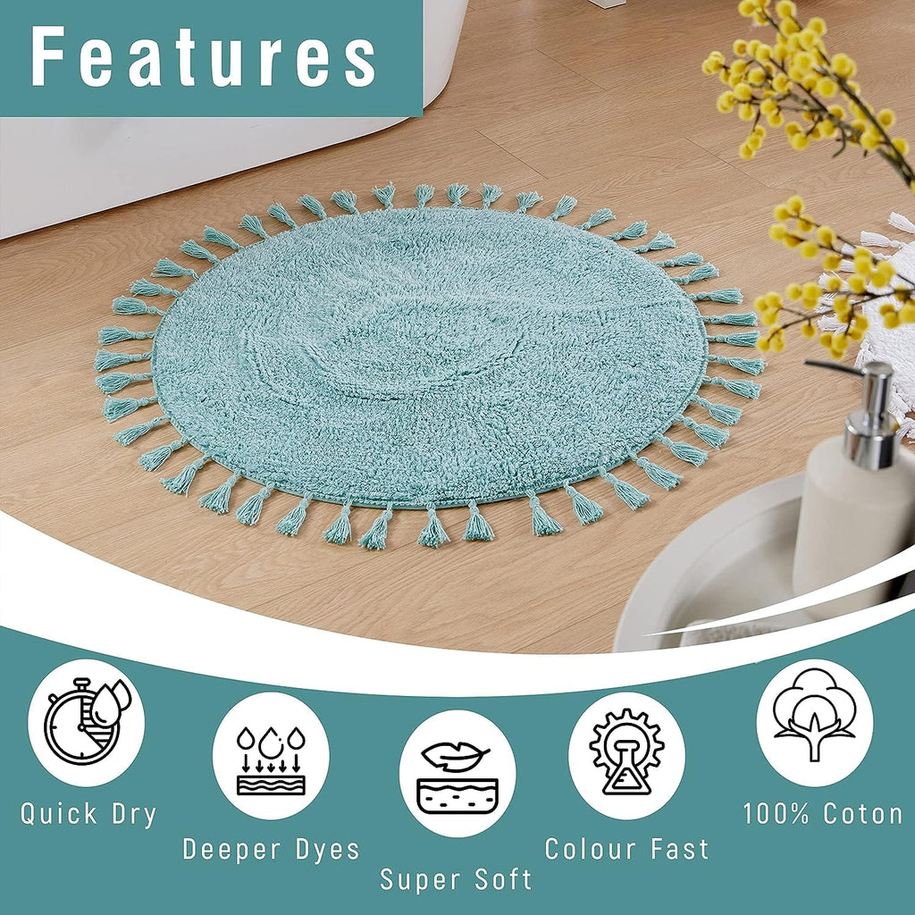 Super Soft Absorbent Non-Slip Round Tasselled Bath Mat 100% Cotton Bathroom Rug in Duck Egg Grey Natural and White