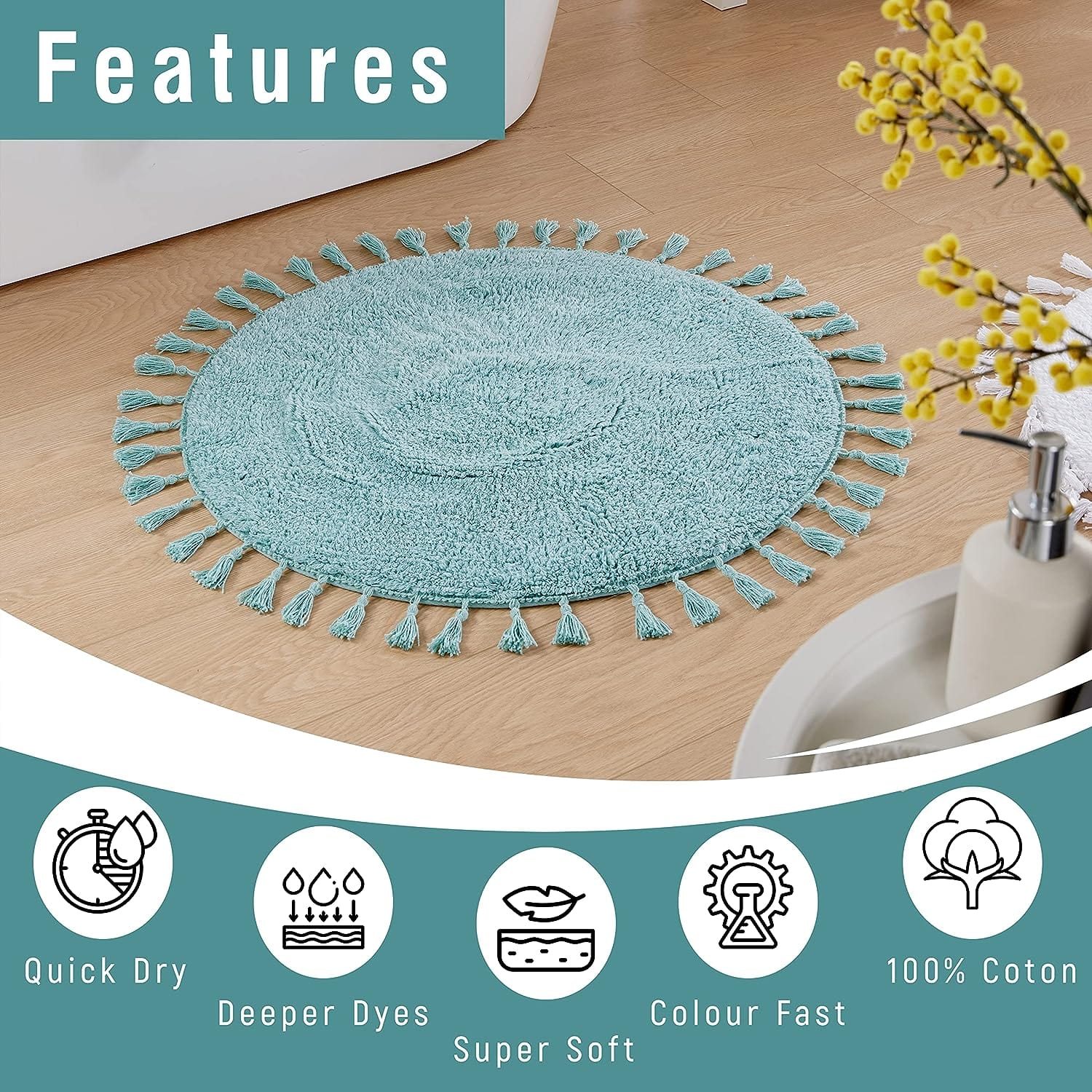 Super Soft Absorbent Non-Slip Round Tasselled Bath Mat 100% Cotton Bathroom Rug in Duck Egg Grey Natural and White
