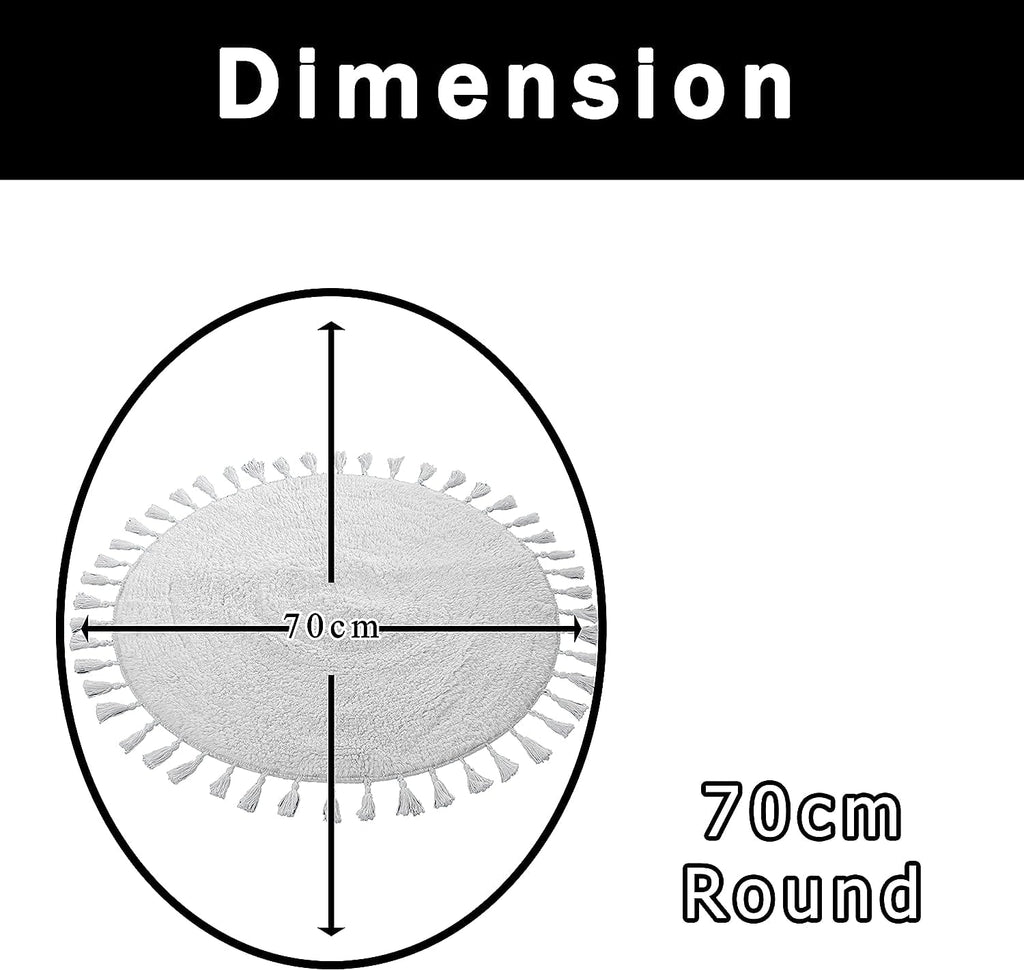 Super Soft Absorbent Non-Slip Round Tasselled Bath Mat 100% Cotton Bathroom Rug in Duck Egg Grey Natural and White