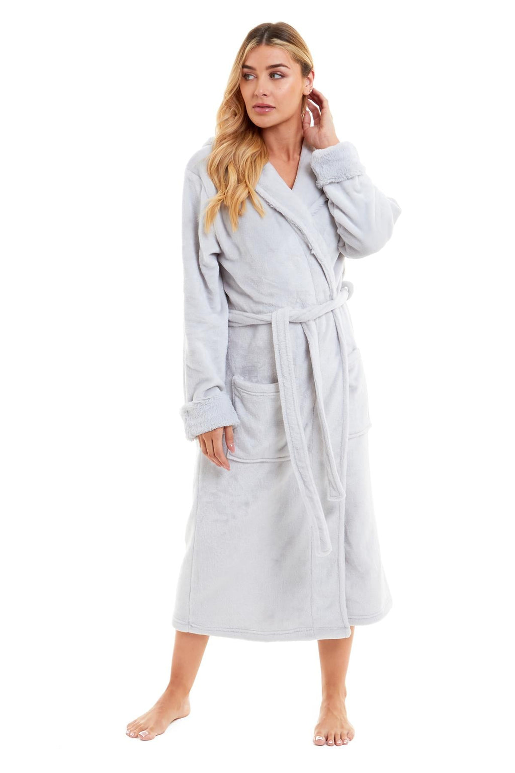 Super Soft Women's Faux Fur Hooded Bathrobe Plush Fleece Ultra-Absorbent Dressing Gown for Home Spa Gym Hotel in Pink or Grey Sizes S-XL