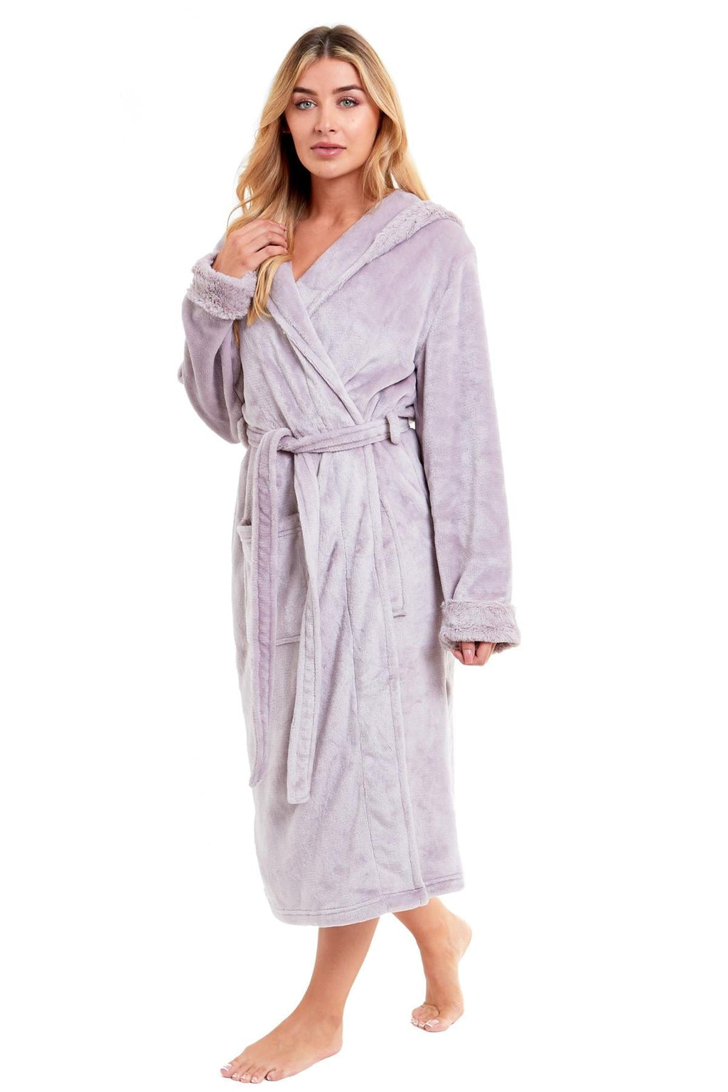 Super Soft Women's Faux Fur Hooded Bathrobe Plush Fleece Ultra-Absorbent Dressing Gown for Home Spa Gym Hotel in Pink or Grey Sizes S-XL