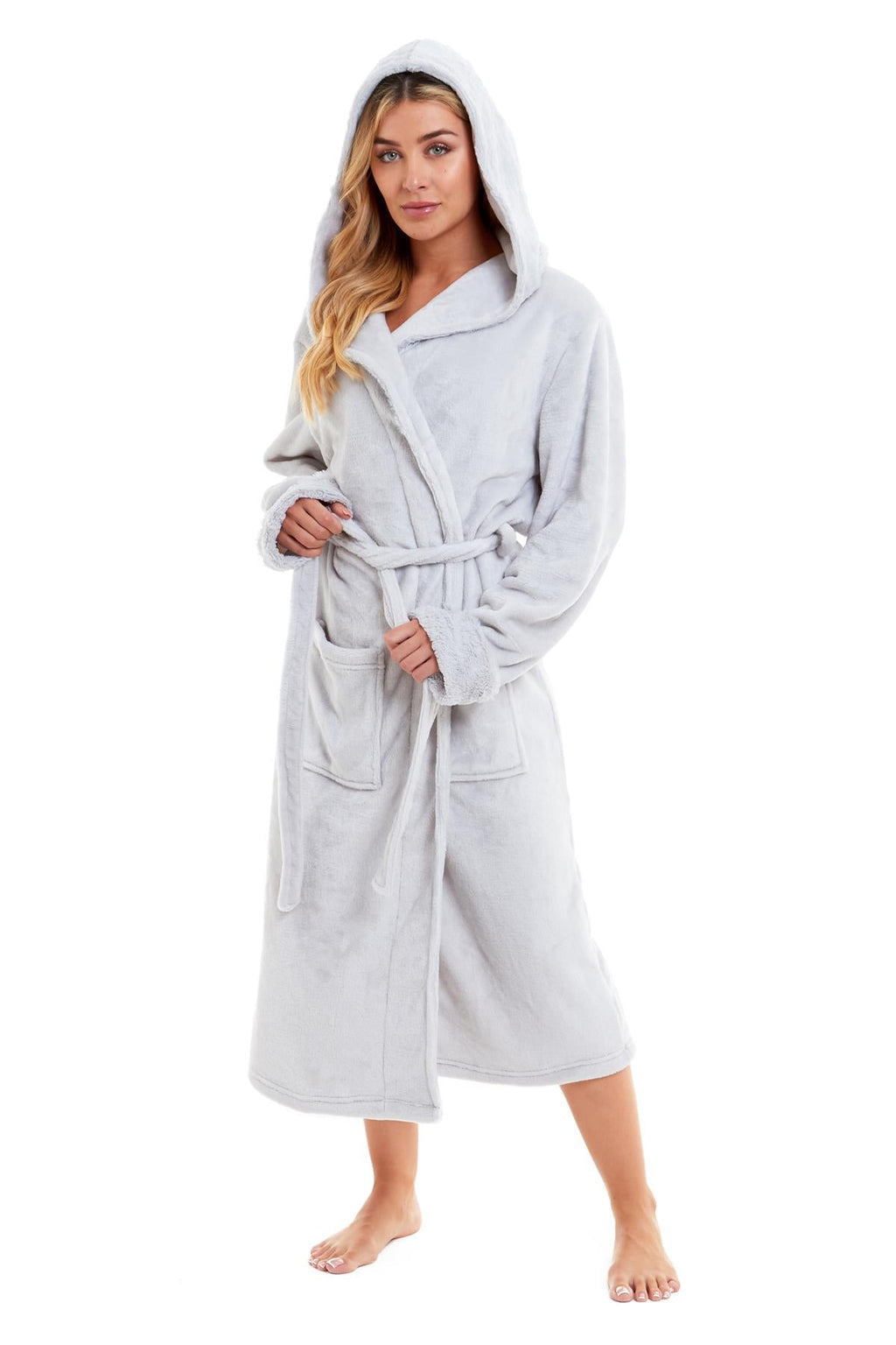 Super Soft Women's Faux Fur Hooded Bathrobe Plush Fleece Ultra-Absorbent Dressing Gown for Home Spa Gym Hotel in Pink or Grey Sizes S-XL