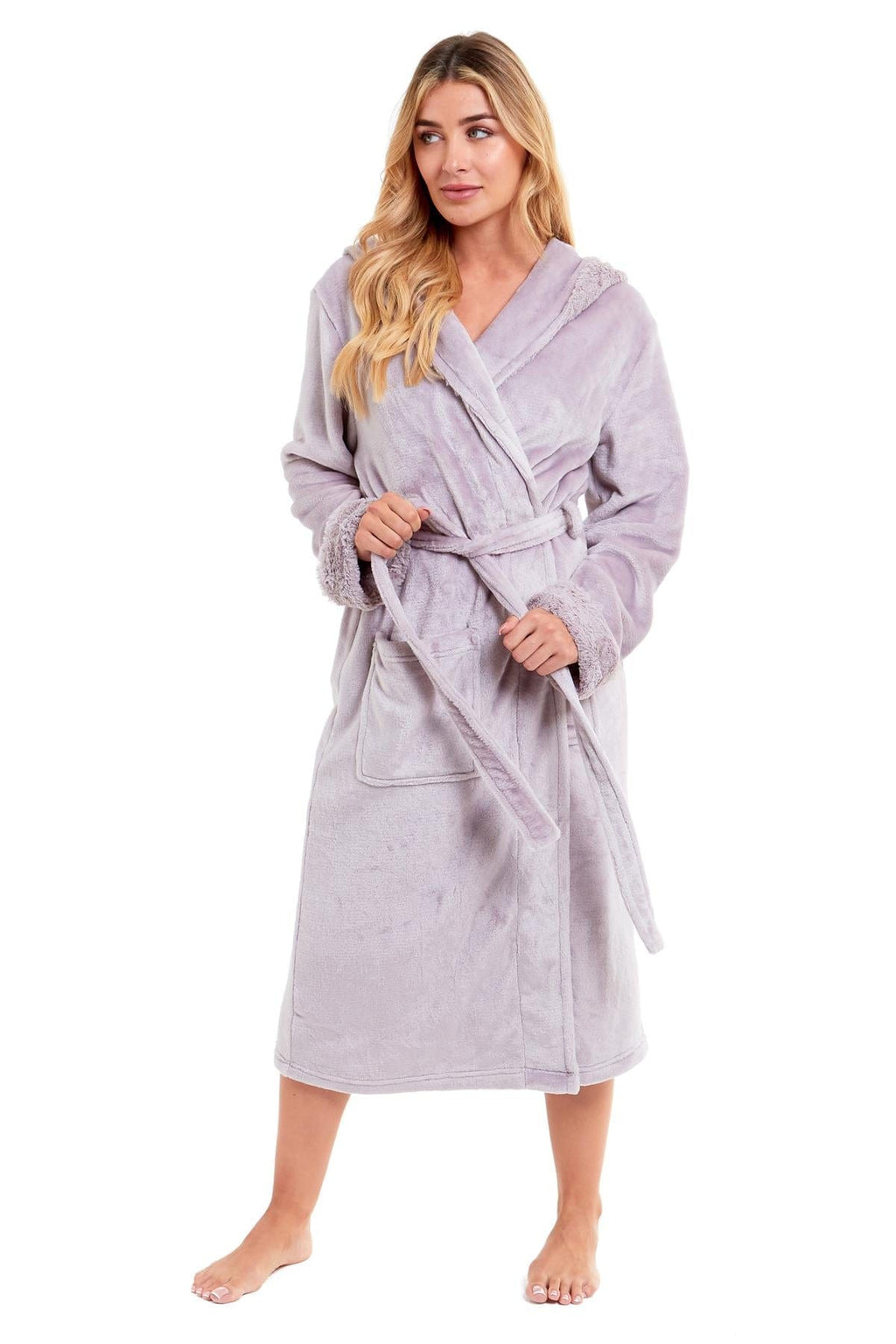 Super Soft Women's Faux Fur Hooded Bathrobe Plush Fleece Ultra-Absorbent Dressing Gown for Home Spa Gym Hotel in Pink or Grey Sizes S-XL