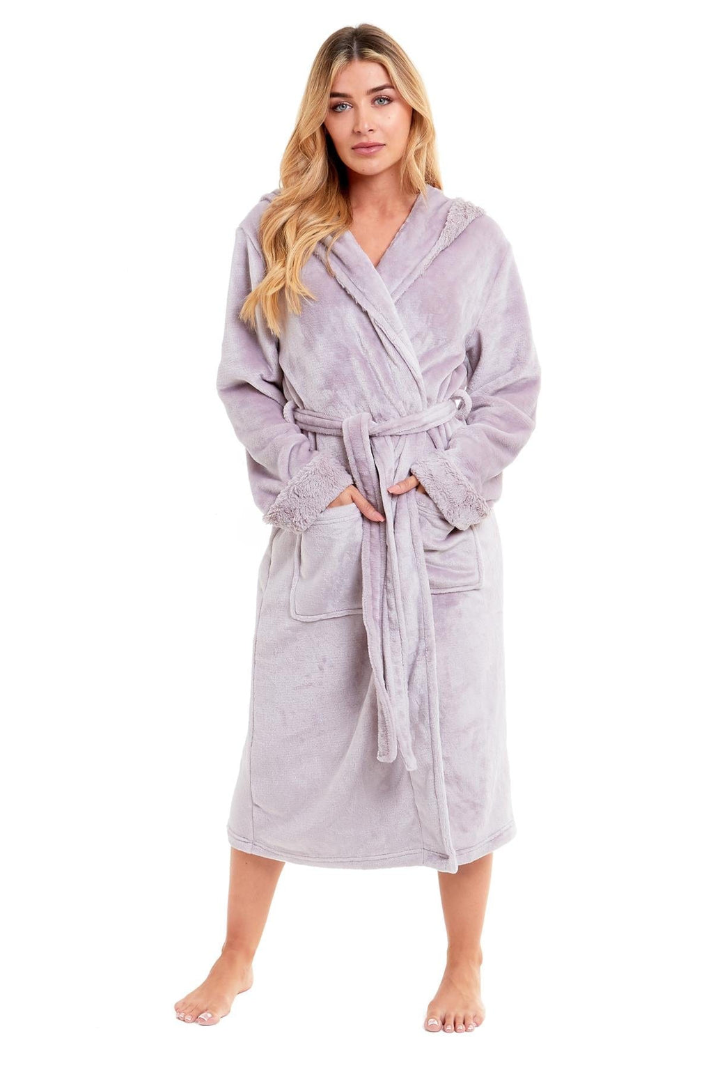 Super Soft Women's Faux Fur Hooded Bathrobe Plush Fleece Ultra-Absorbent Dressing Gown for Home Spa Gym Hotel in Pink or Grey Sizes S-XL