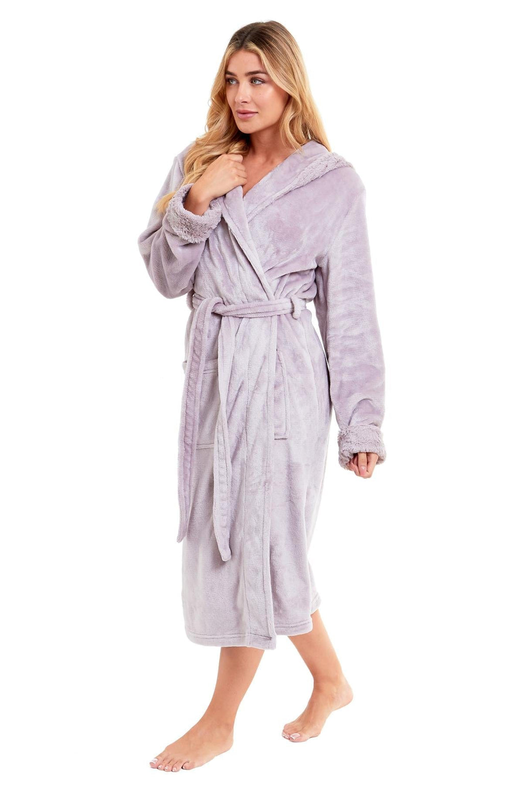 Super Soft Women's Faux Fur Hooded Bathrobe Plush Fleece Ultra-Absorbent Dressing Gown for Home Spa Gym Hotel in Pink or Grey Sizes S-XL