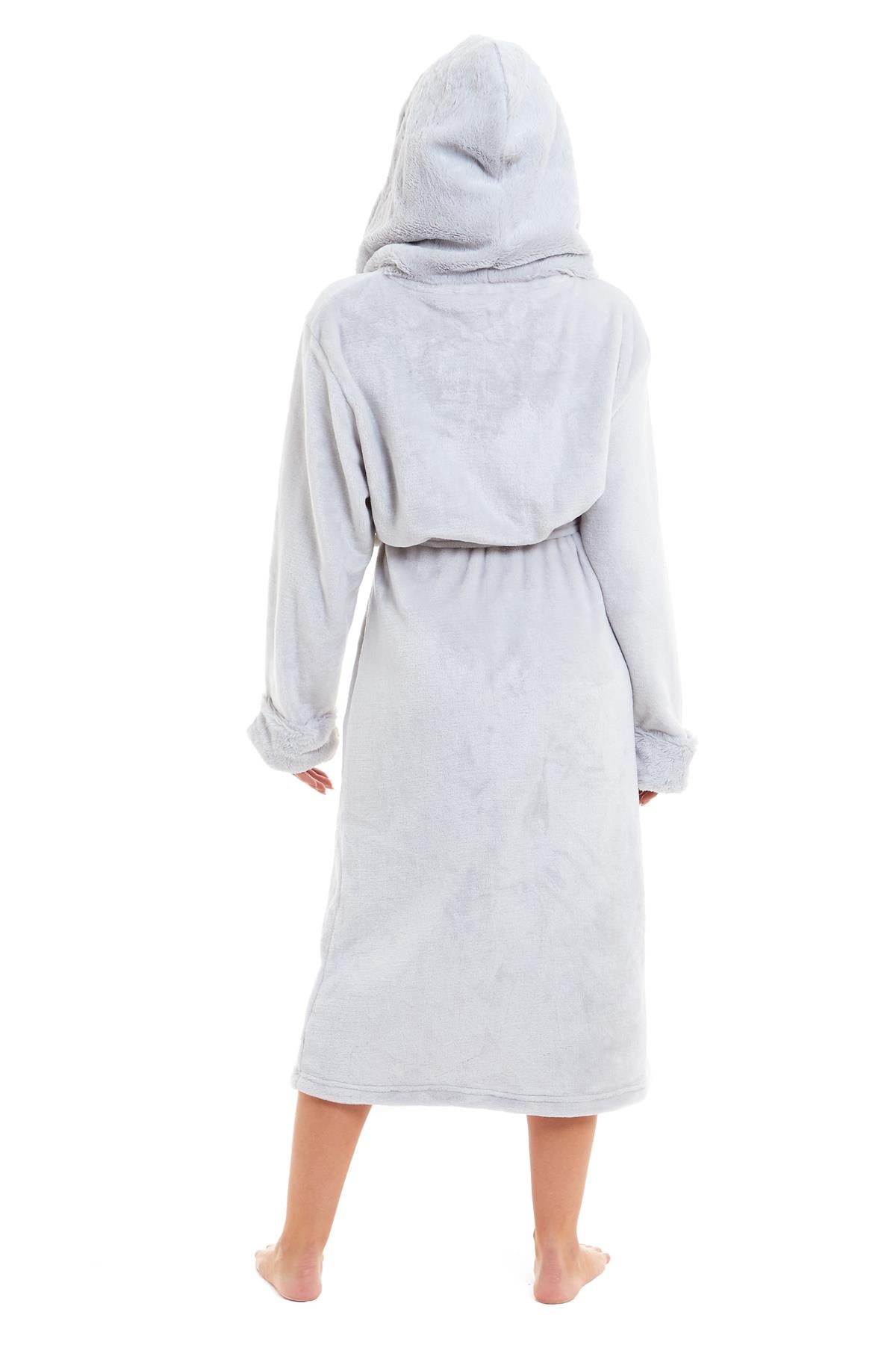 Super Soft Women's Faux Fur Hooded Bathrobe Plush Fleece Ultra-Absorbent Dressing Gown for Home Spa Gym Hotel in Pink or Grey Sizes S-XL