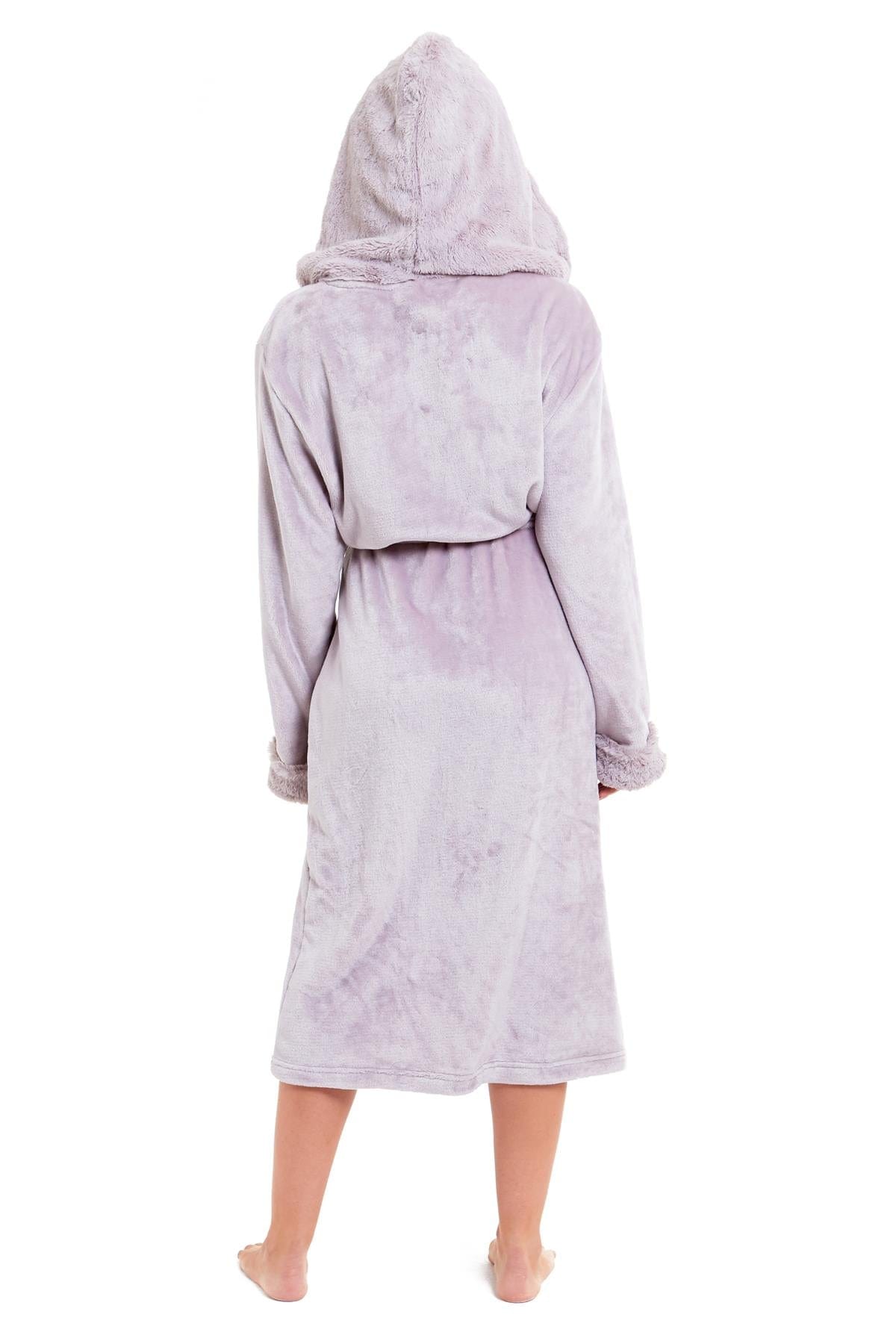 Super Soft Women's Faux Fur Hooded Bathrobe Plush Fleece Ultra-Absorbent Dressing Gown for Home Spa Gym Hotel in Pink or Grey Sizes S-XL