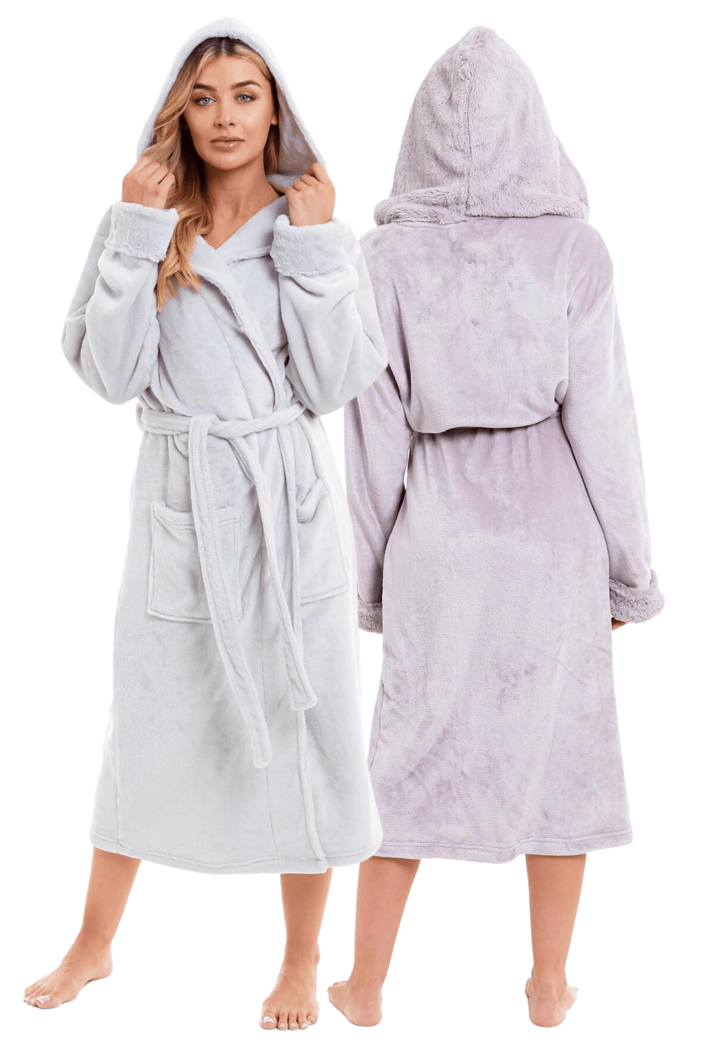 Super Soft Women's Faux Fur Hooded Bathrobe Plush Fleece Ultra-Absorbent Dressing Gown for Home Spa Gym Hotel in Pink or Grey Sizes S-XL