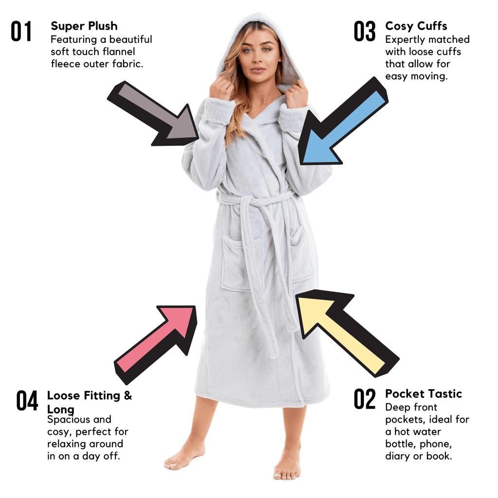 Super Soft Women's Faux Fur Hooded Bathrobe Plush Fleece Ultra-Absorbent Dressing Gown for Home Spa Gym Hotel in Pink or Grey Sizes S-XL