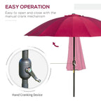 Red patio parasol umbrella with manual crank-tilt mechanism on the pole.