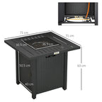 Black rattan-style propane fire pit table with square burner top and side dimensions