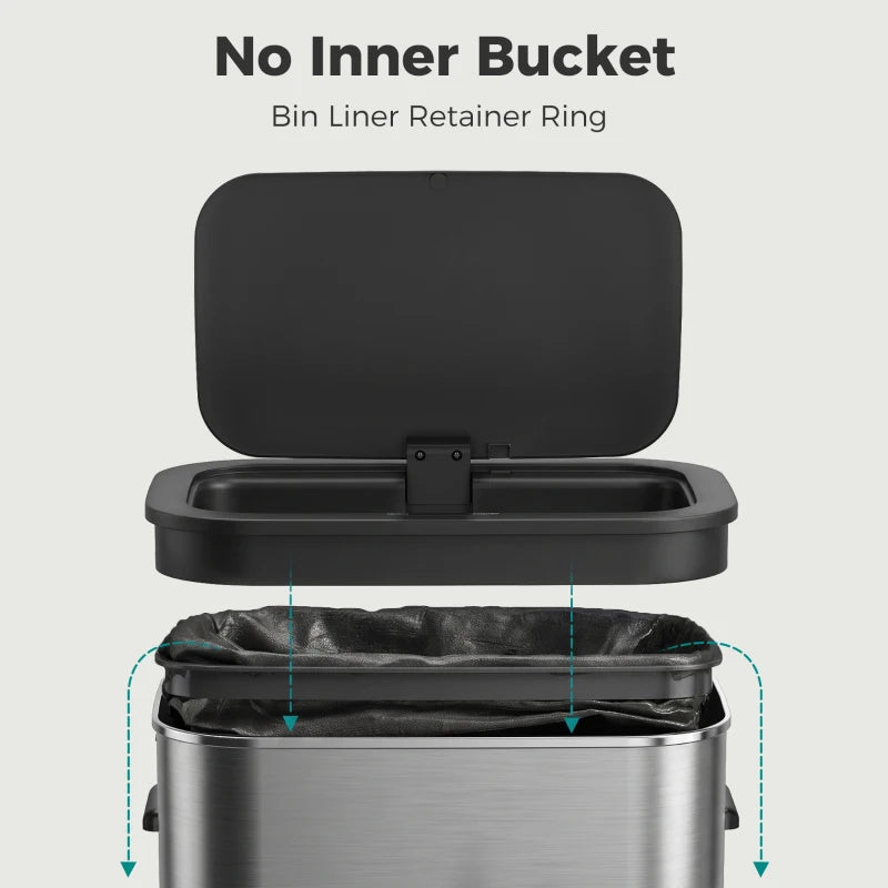 Touchless waste bin with open lid and inner liner retainer ring