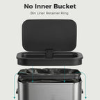 Touchless waste bin with open lid and inner liner retainer ring