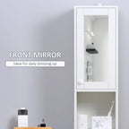 White bathroom storage cabinet with front mirror and open shelf above doors