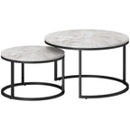 Set of two round stacking tables with marble-effect grey tops and black steel frames
