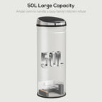 Tall silver stainless steel sensor bin with 50L marking on front