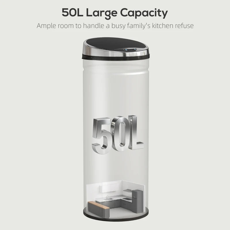 Tall silver stainless steel sensor bin with 50L marking on front