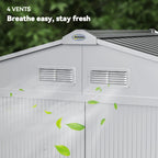 Light grey metal storage shed roof vents panel detail with two vent grilles.