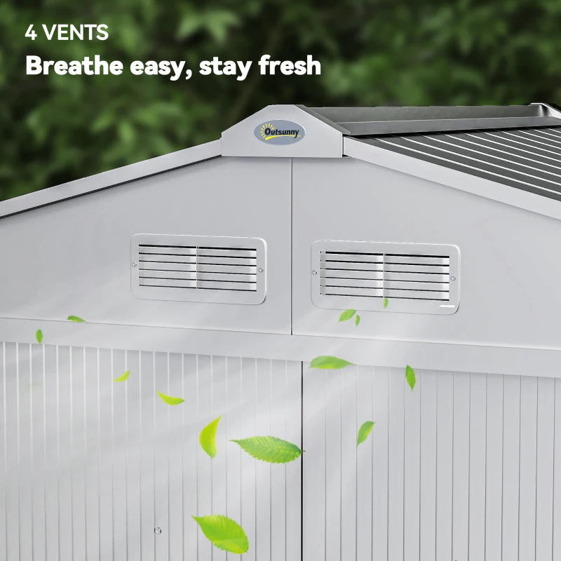 Light grey metal storage shed roof vents panel detail with two vent grilles.