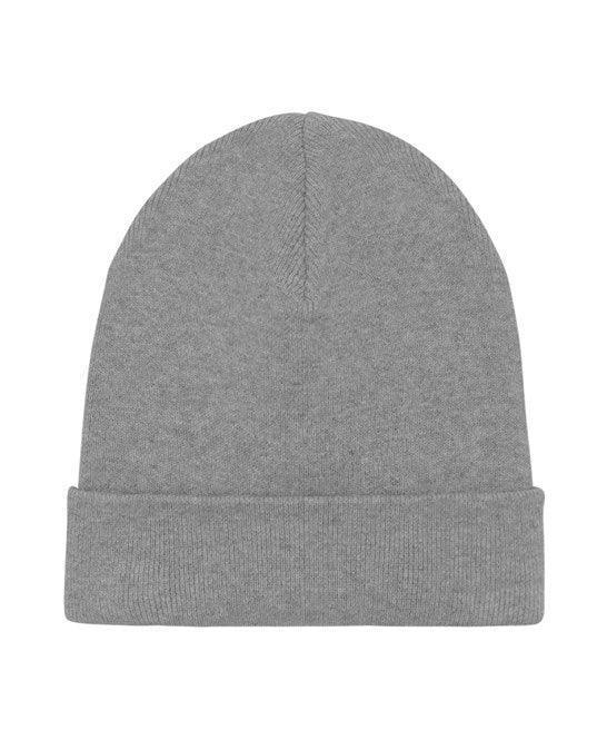 Light heather gray ribbed beanie hat with folded cuff